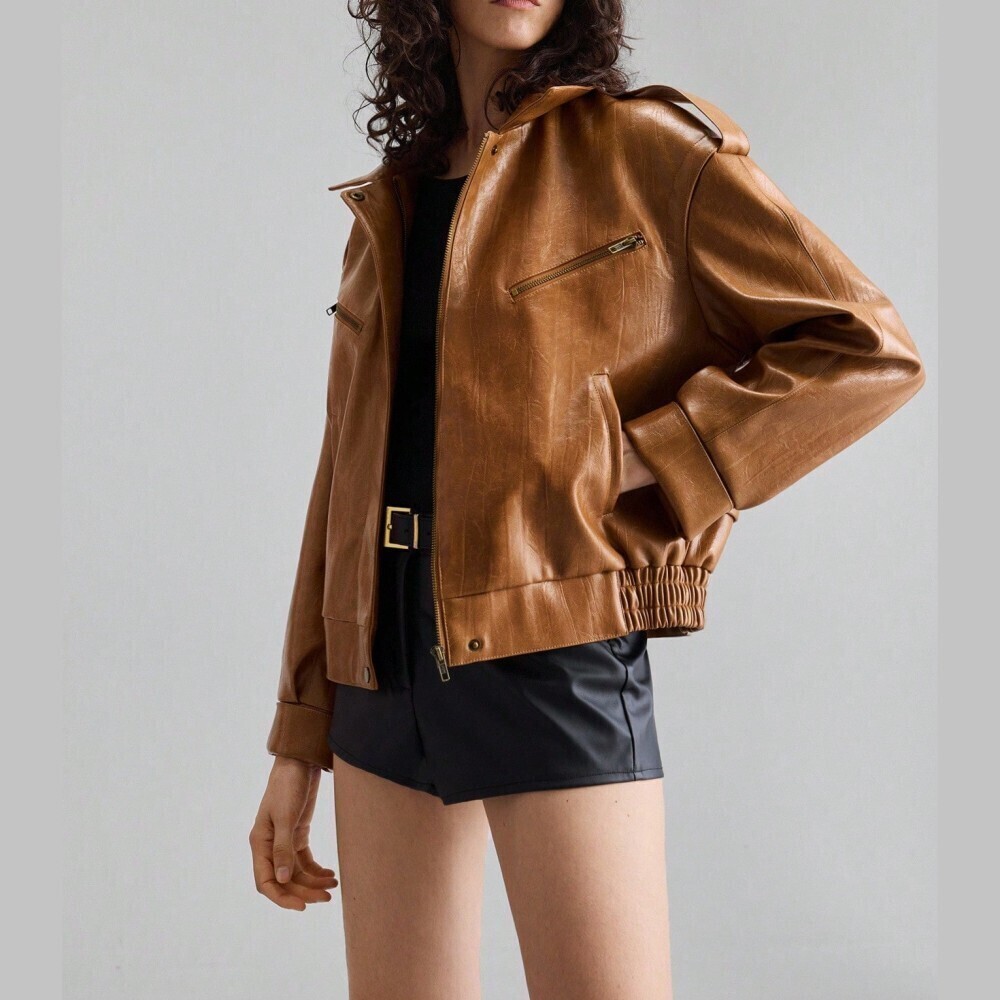 Cognac Brown Faux Leather Moto Jacket with Zip Pockets